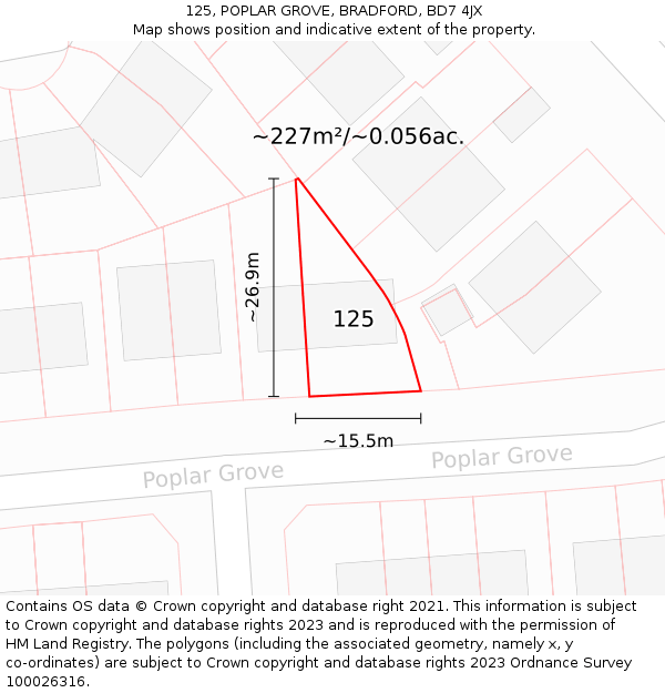 125, POPLAR GROVE, BRADFORD, BD7 4JX: Plot and title map