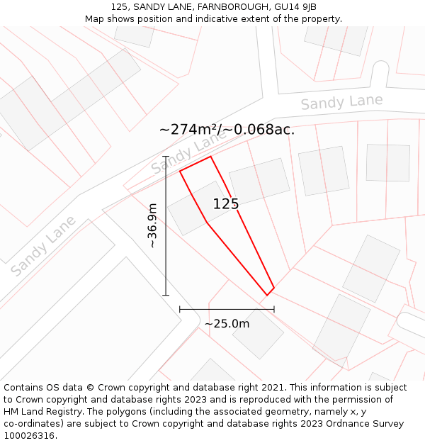 125, SANDY LANE, FARNBOROUGH, GU14 9JB: Plot and title map