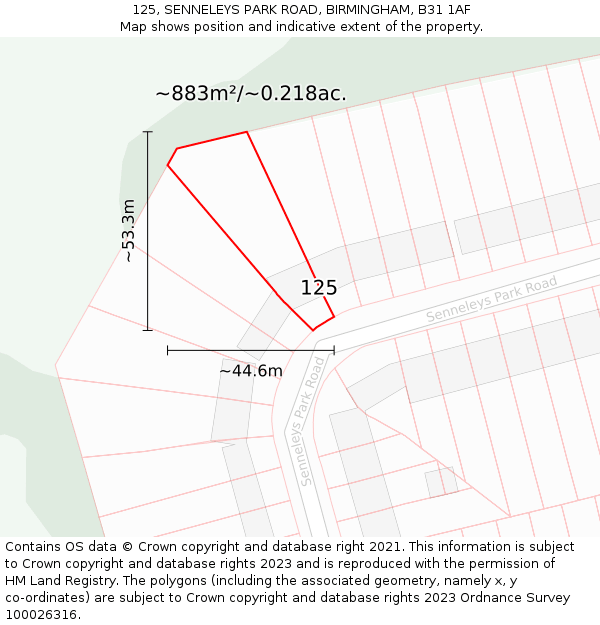 125, SENNELEYS PARK ROAD, BIRMINGHAM, B31 1AF: Plot and title map