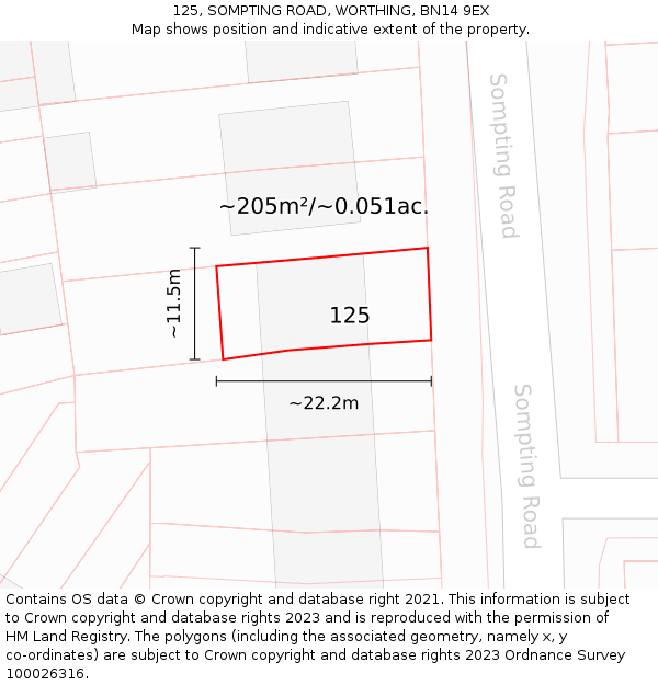 125, SOMPTING ROAD, WORTHING, BN14 9EX: Plot and title map
