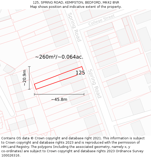 125, SPRING ROAD, KEMPSTON, BEDFORD, MK42 8NR: Plot and title map