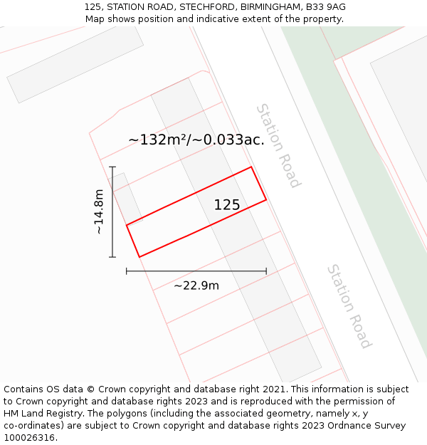 125, STATION ROAD, STECHFORD, BIRMINGHAM, B33 9AG: Plot and title map