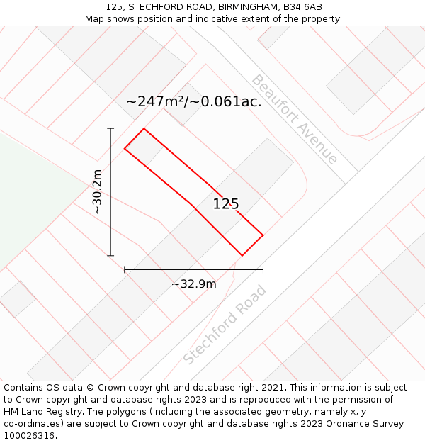 125, STECHFORD ROAD, BIRMINGHAM, B34 6AB: Plot and title map