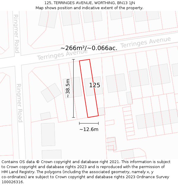 125, TERRINGES AVENUE, WORTHING, BN13 1JN: Plot and title map