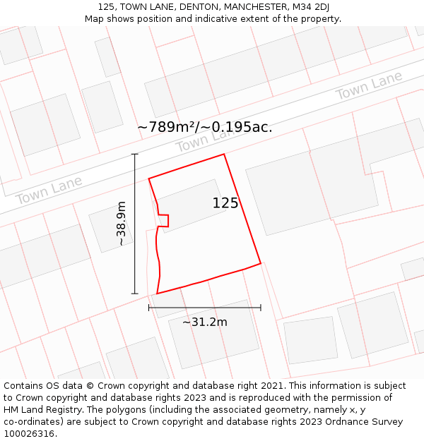 125, TOWN LANE, DENTON, MANCHESTER, M34 2DJ: Plot and title map