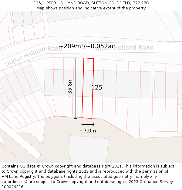 125, UPPER HOLLAND ROAD, SUTTON COLDFIELD, B72 1RD: Plot and title map