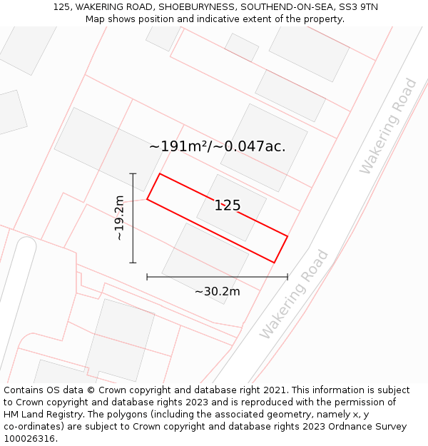 125, WAKERING ROAD, SHOEBURYNESS, SOUTHEND-ON-SEA, SS3 9TN: Plot and title map