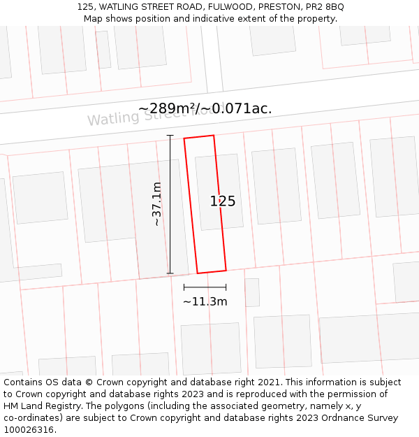 125, WATLING STREET ROAD, FULWOOD, PRESTON, PR2 8BQ: Plot and title map