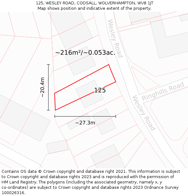 125, WESLEY ROAD, CODSALL, WOLVERHAMPTON, WV8 1JT: Plot and title map