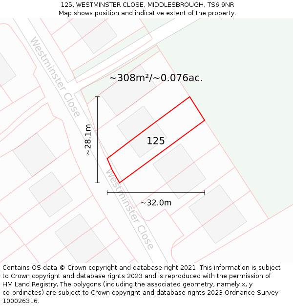 125, WESTMINSTER CLOSE, MIDDLESBROUGH, TS6 9NR: Plot and title map