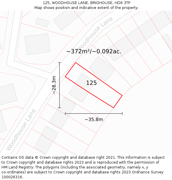 125, WOODHOUSE LANE, BRIGHOUSE, HD6 3TP: Plot and title map