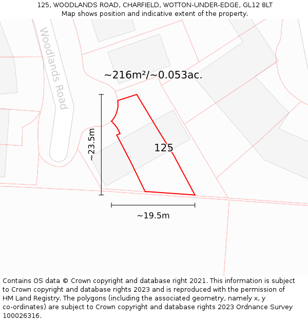 125, WOODLANDS ROAD, CHARFIELD, WOTTON-UNDER-EDGE, GL12 8LT: Plot and title map