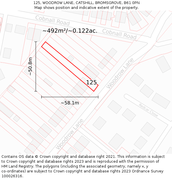 125, WOODROW LANE, CATSHILL, BROMSGROVE, B61 0PN: Plot and title map