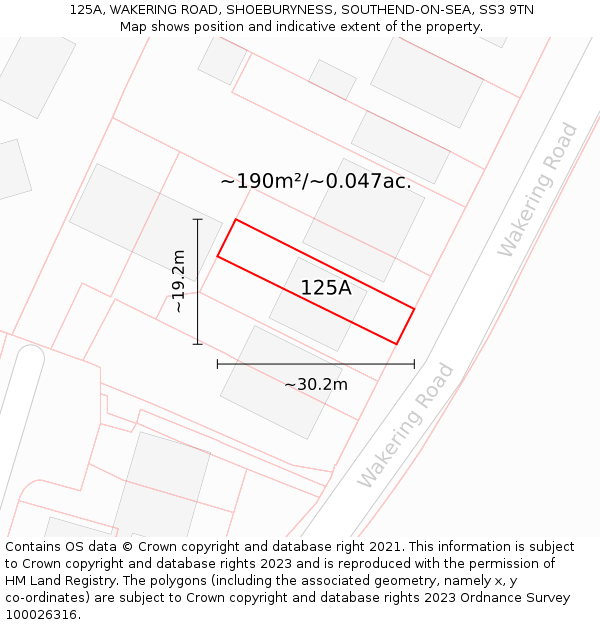 125A, WAKERING ROAD, SHOEBURYNESS, SOUTHEND-ON-SEA, SS3 9TN: Plot and title map