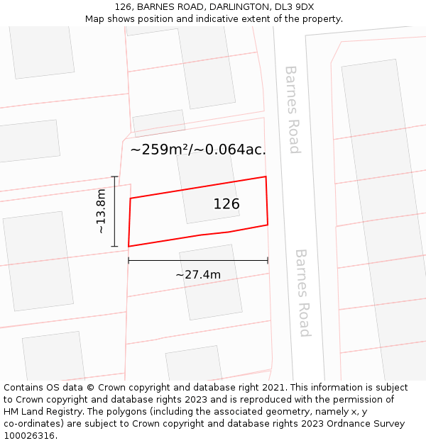 126, BARNES ROAD, DARLINGTON, DL3 9DX: Plot and title map