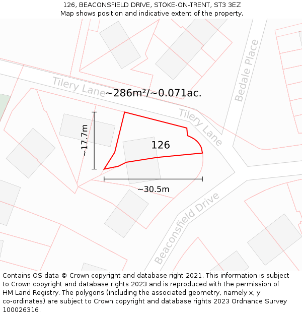 126, BEACONSFIELD DRIVE, STOKE-ON-TRENT, ST3 3EZ: Plot and title map