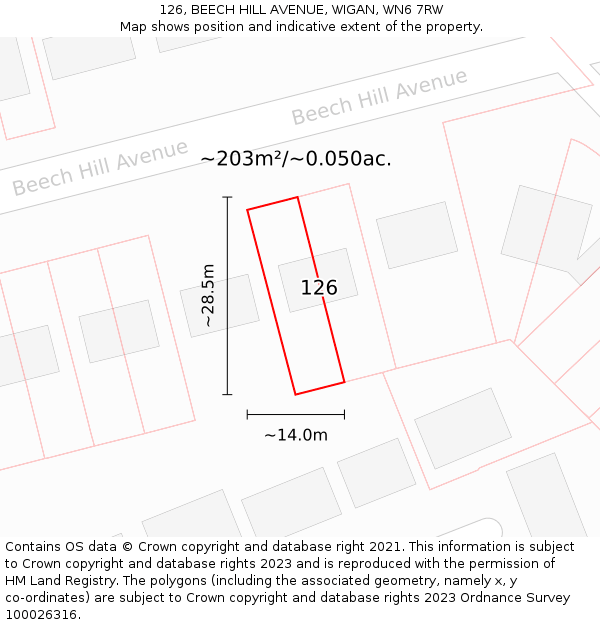 126, BEECH HILL AVENUE, WIGAN, WN6 7RW: Plot and title map