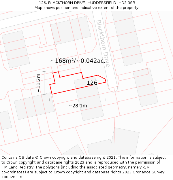 126, BLACKTHORN DRIVE, HUDDERSFIELD, HD3 3SB: Plot and title map