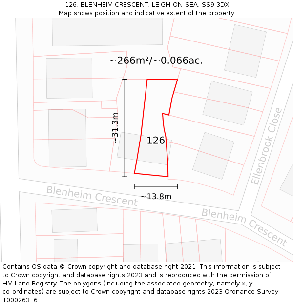 126, BLENHEIM CRESCENT, LEIGH-ON-SEA, SS9 3DX: Plot and title map