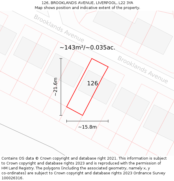 126, BROOKLANDS AVENUE, LIVERPOOL, L22 3YA: Plot and title map