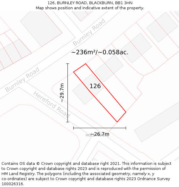 126, BURNLEY ROAD, BLACKBURN, BB1 3HN: Plot and title map