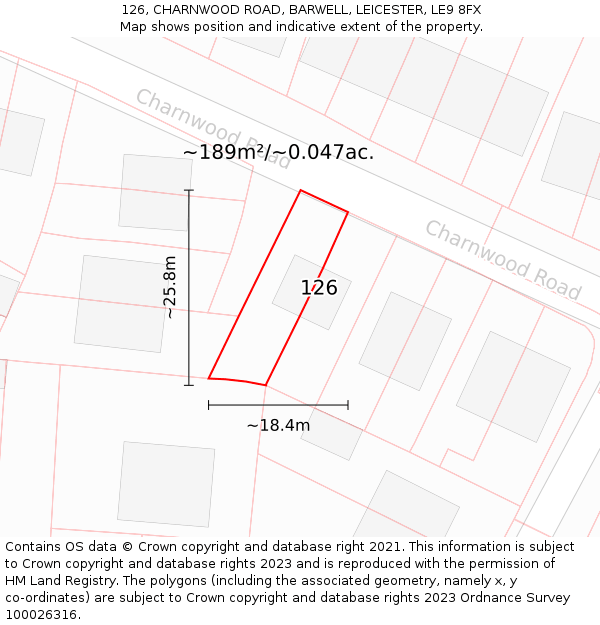 126, CHARNWOOD ROAD, BARWELL, LEICESTER, LE9 8FX: Plot and title map