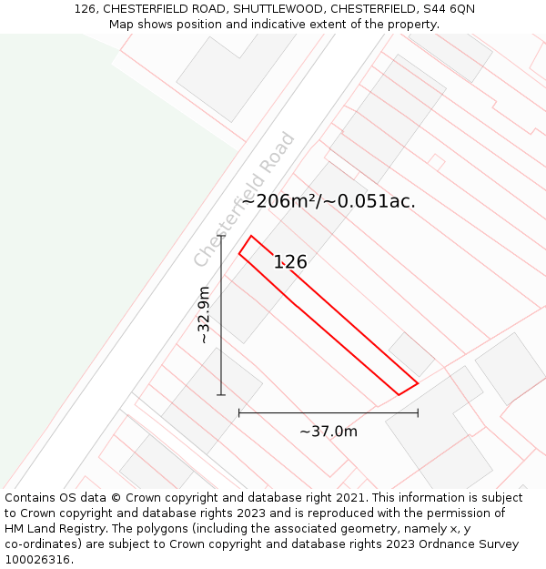 126, CHESTERFIELD ROAD, SHUTTLEWOOD, CHESTERFIELD, S44 6QN: Plot and title map