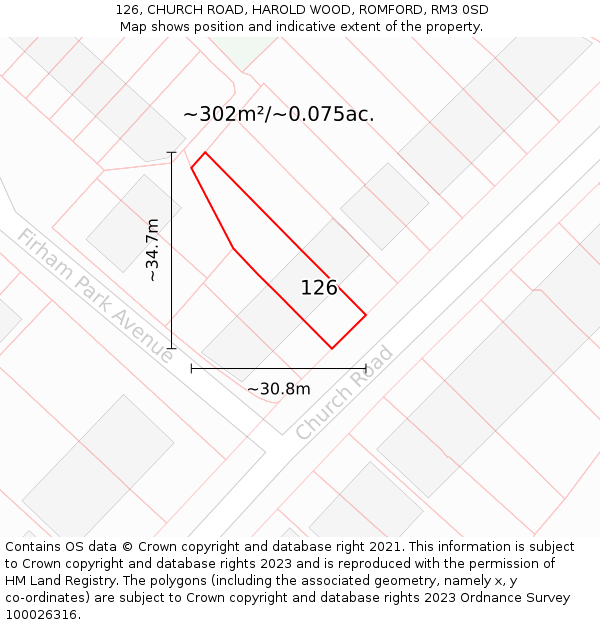 126, CHURCH ROAD, HAROLD WOOD, ROMFORD, RM3 0SD: Plot and title map