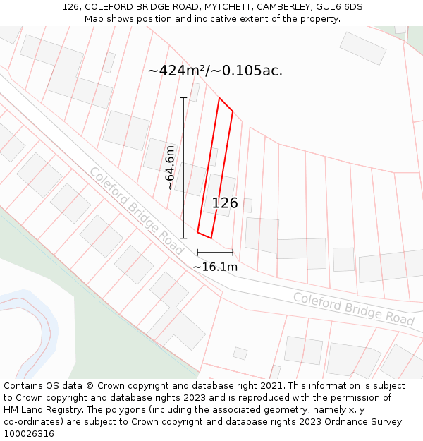 126, COLEFORD BRIDGE ROAD, MYTCHETT, CAMBERLEY, GU16 6DS: Plot and title map