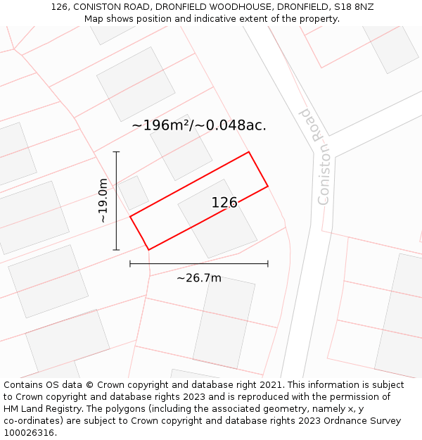 126, CONISTON ROAD, DRONFIELD WOODHOUSE, DRONFIELD, S18 8NZ: Plot and title map