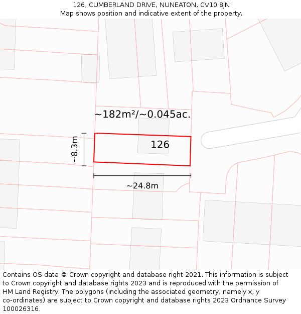 126, CUMBERLAND DRIVE, NUNEATON, CV10 8JN: Plot and title map