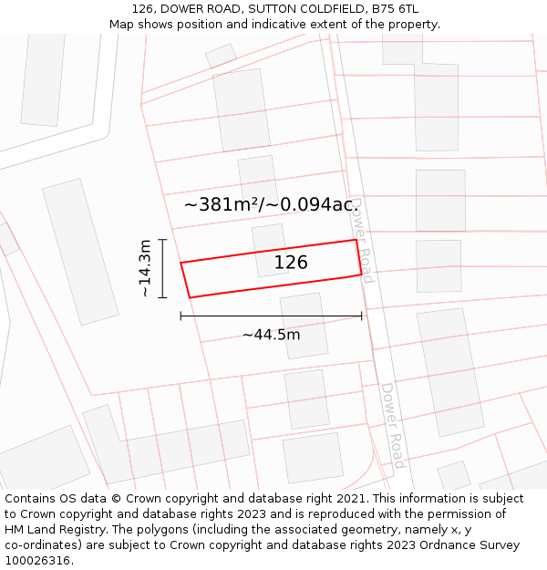 126, DOWER ROAD, SUTTON COLDFIELD, B75 6TL: Plot and title map