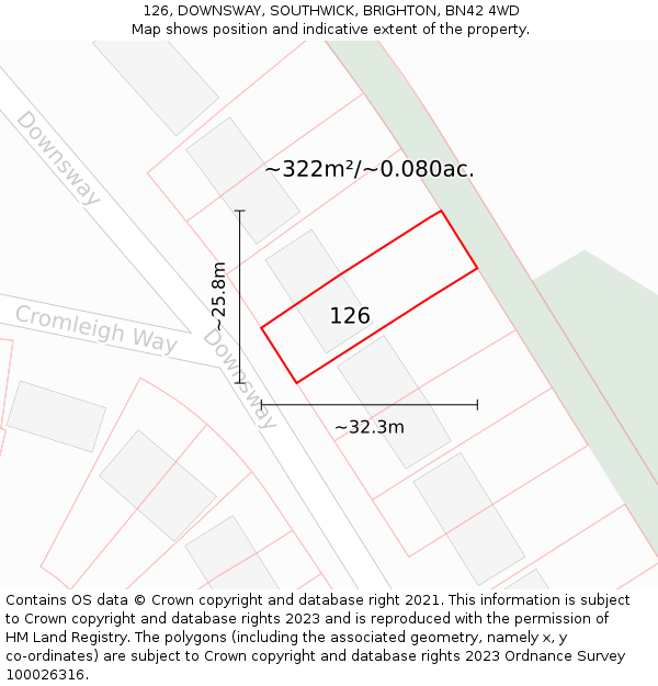 126, DOWNSWAY, SOUTHWICK, BRIGHTON, BN42 4WD: Plot and title map