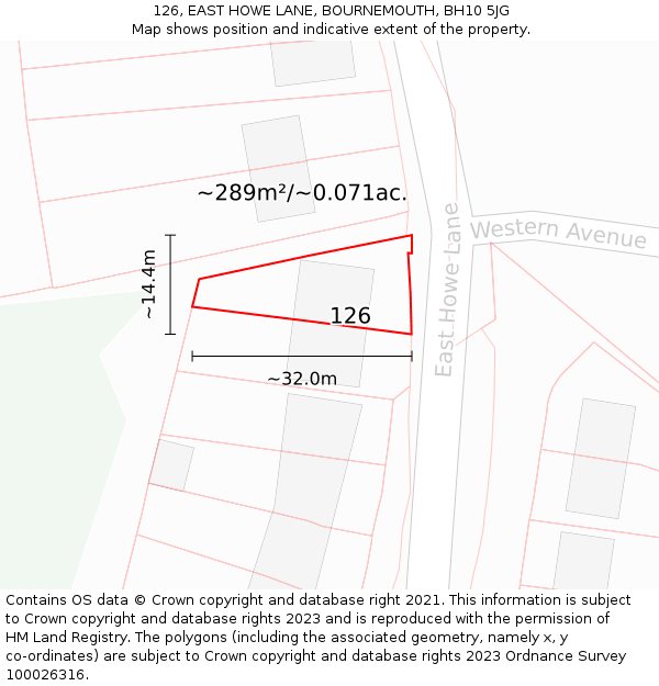 126, EAST HOWE LANE, BOURNEMOUTH, BH10 5JG: Plot and title map