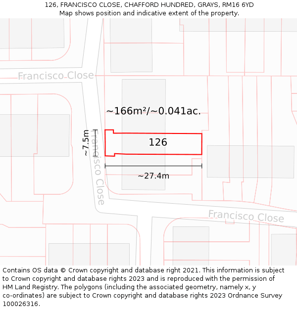 126, FRANCISCO CLOSE, CHAFFORD HUNDRED, GRAYS, RM16 6YD: Plot and title map