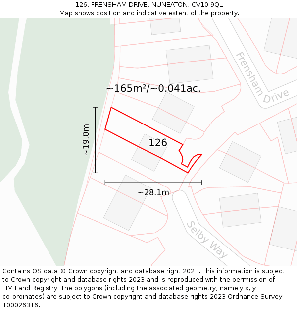 126, FRENSHAM DRIVE, NUNEATON, CV10 9QL: Plot and title map