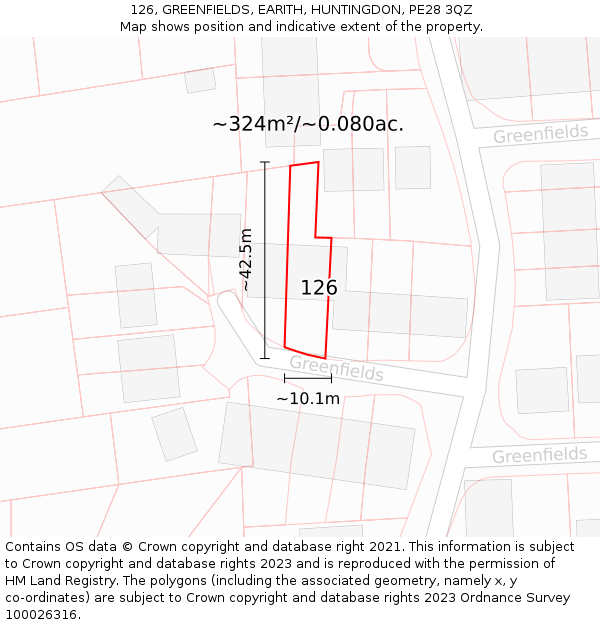 126, GREENFIELDS, EARITH, HUNTINGDON, PE28 3QZ: Plot and title map