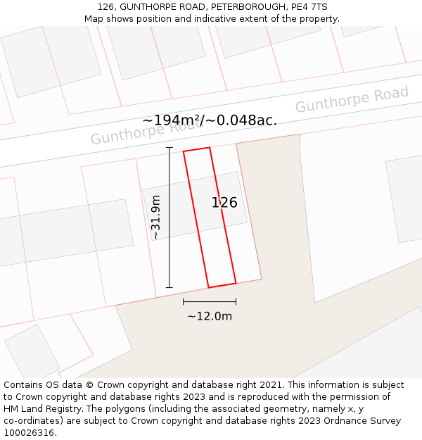 126, GUNTHORPE ROAD, PETERBOROUGH, PE4 7TS: Plot and title map