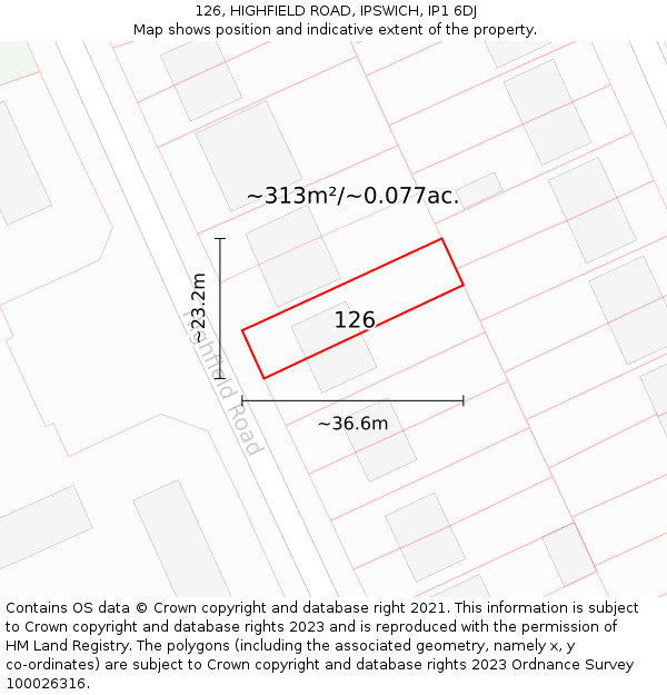 126, HIGHFIELD ROAD, IPSWICH, IP1 6DJ: Plot and title map