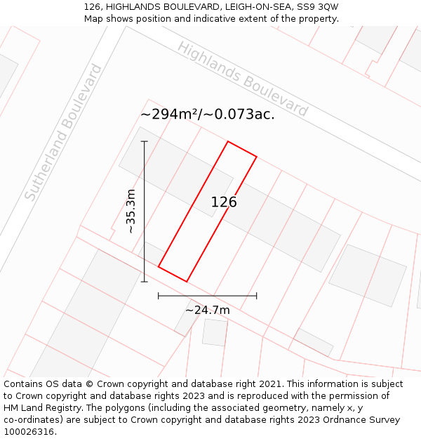 126, HIGHLANDS BOULEVARD, LEIGH-ON-SEA, SS9 3QW: Plot and title map