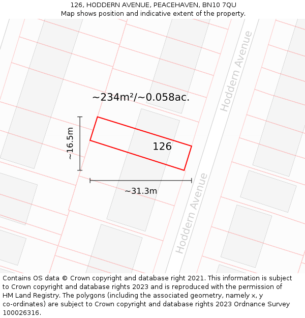 126, HODDERN AVENUE, PEACEHAVEN, BN10 7QU: Plot and title map