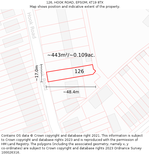 126, HOOK ROAD, EPSOM, KT19 8TX: Plot and title map