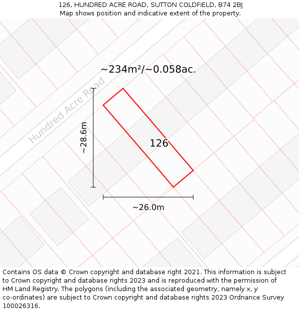 126, HUNDRED ACRE ROAD, SUTTON COLDFIELD, B74 2BJ: Plot and title map