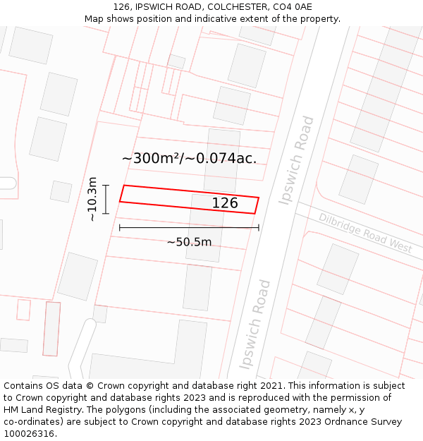 126, IPSWICH ROAD, COLCHESTER, CO4 0AE: Plot and title map