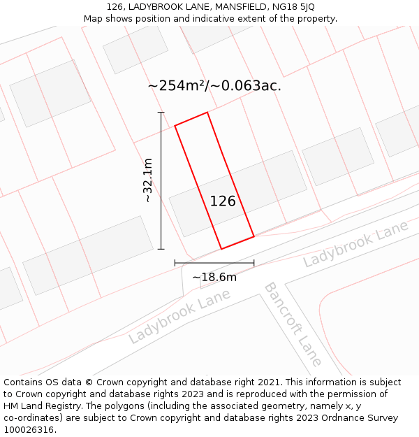 126, LADYBROOK LANE, MANSFIELD, NG18 5JQ: Plot and title map