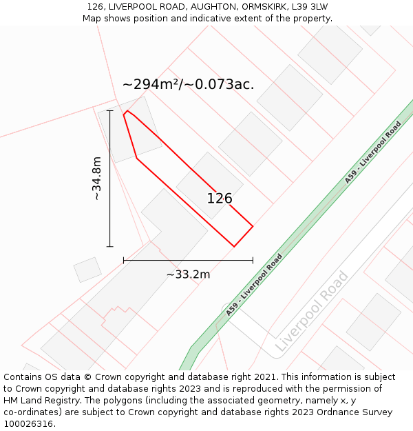 126, LIVERPOOL ROAD, AUGHTON, ORMSKIRK, L39 3LW: Plot and title map