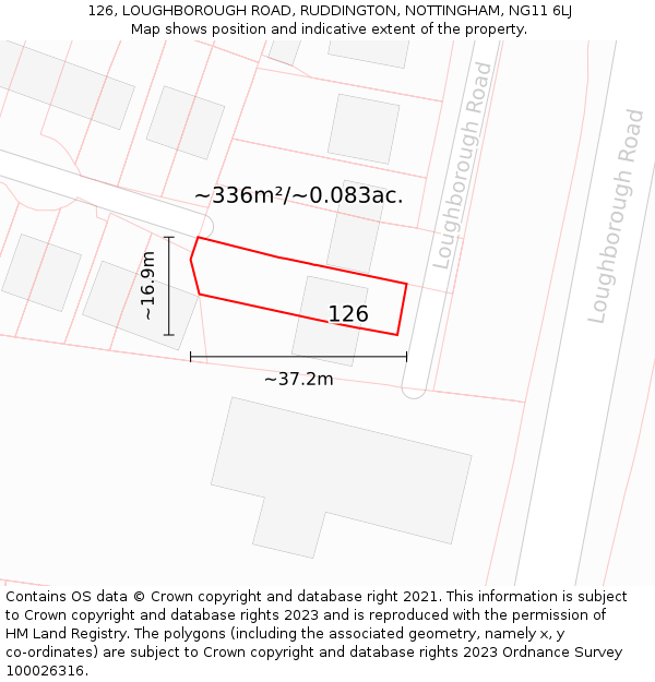 126, LOUGHBOROUGH ROAD, RUDDINGTON, NOTTINGHAM, NG11 6LJ: Plot and title map