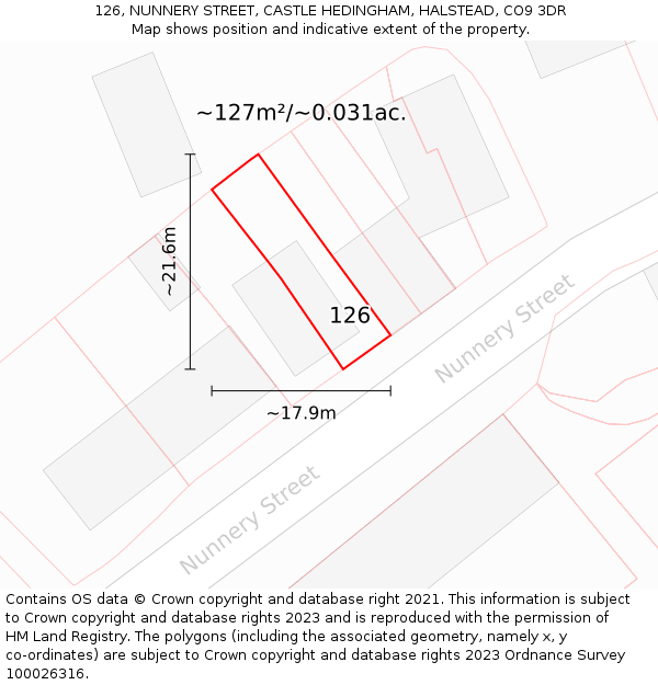 126, NUNNERY STREET, CASTLE HEDINGHAM, HALSTEAD, CO9 3DR: Plot and title map