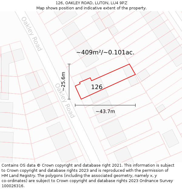 126, OAKLEY ROAD, LUTON, LU4 9PZ: Plot and title map