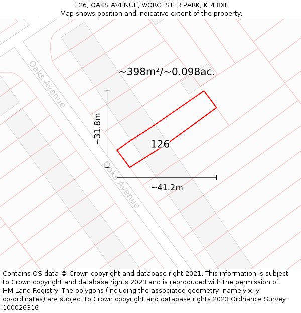 126, OAKS AVENUE, WORCESTER PARK, KT4 8XF: Plot and title map